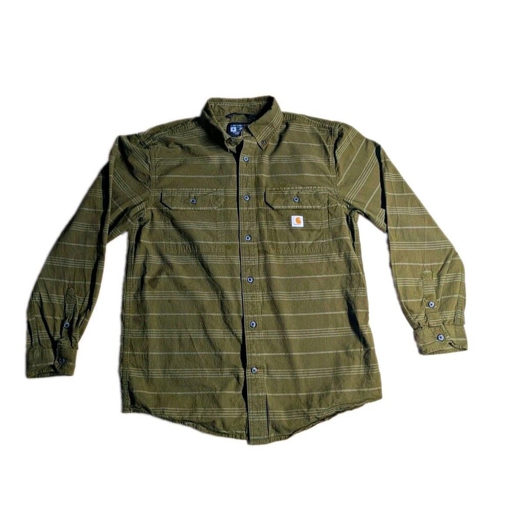 Carhartt Mens M Reg Loose Fit Green Striped Flannel Button-Down Shirt Pockets